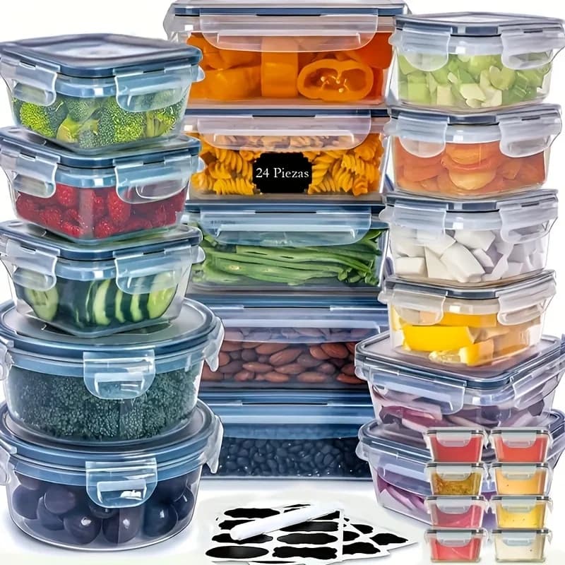 Set di contenitori per alimenti da cucina trasparenti 12/24: cassaforte per microonde, scatola da pranzo in plastica multifunzionale con coperchio + 24 etichette per lavagna