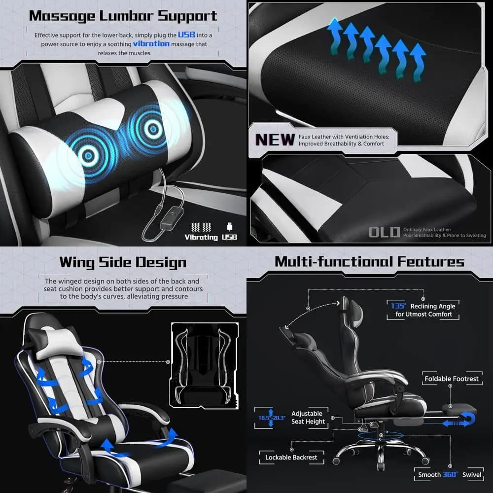 Sedia da Gaming Ergonomica Girevole con Massaggio, Supporto Lombare e Altezza Regolabile - Nero/Bianco