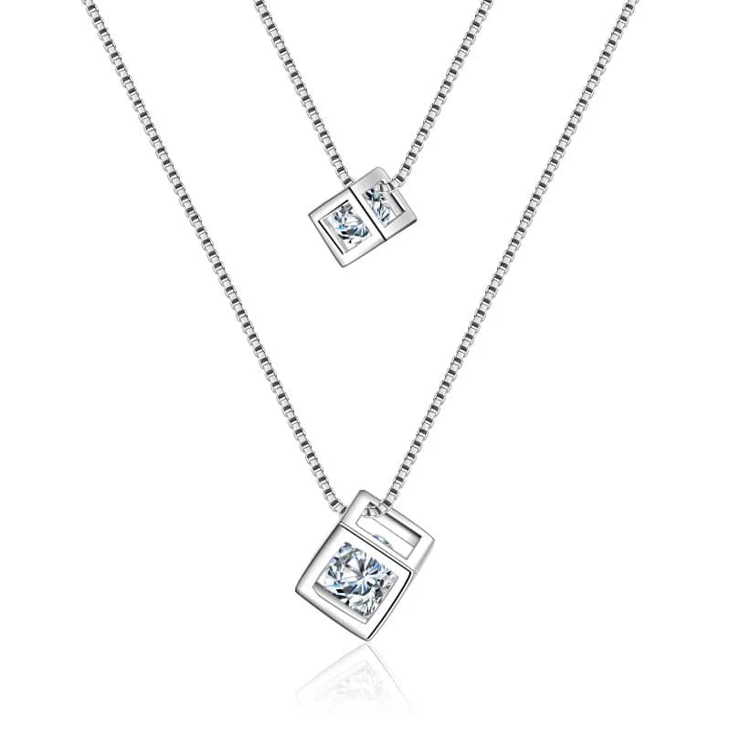 Collana di Lusso in Argento Sterling 925 con Doppia Catena e Ciondoli a Cubo in Zirconia, Accessorio per Matrimoni e Feste, Gioiello Portafortuna, Regalo per Donne