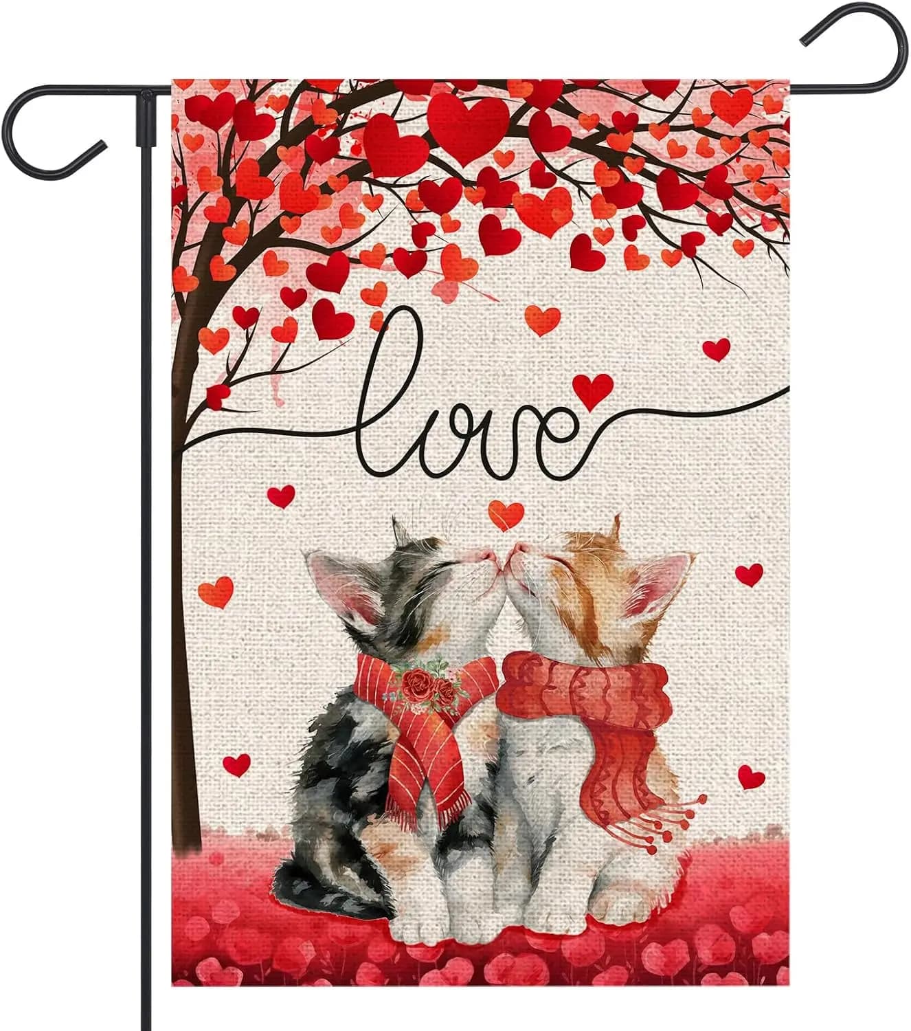 Valentines Day Cat Garden Flag 12x18 Inch Double Sided Outside Love Hearts Tree Small Burlap Flag for Holiday Yard Outdoor D IIC