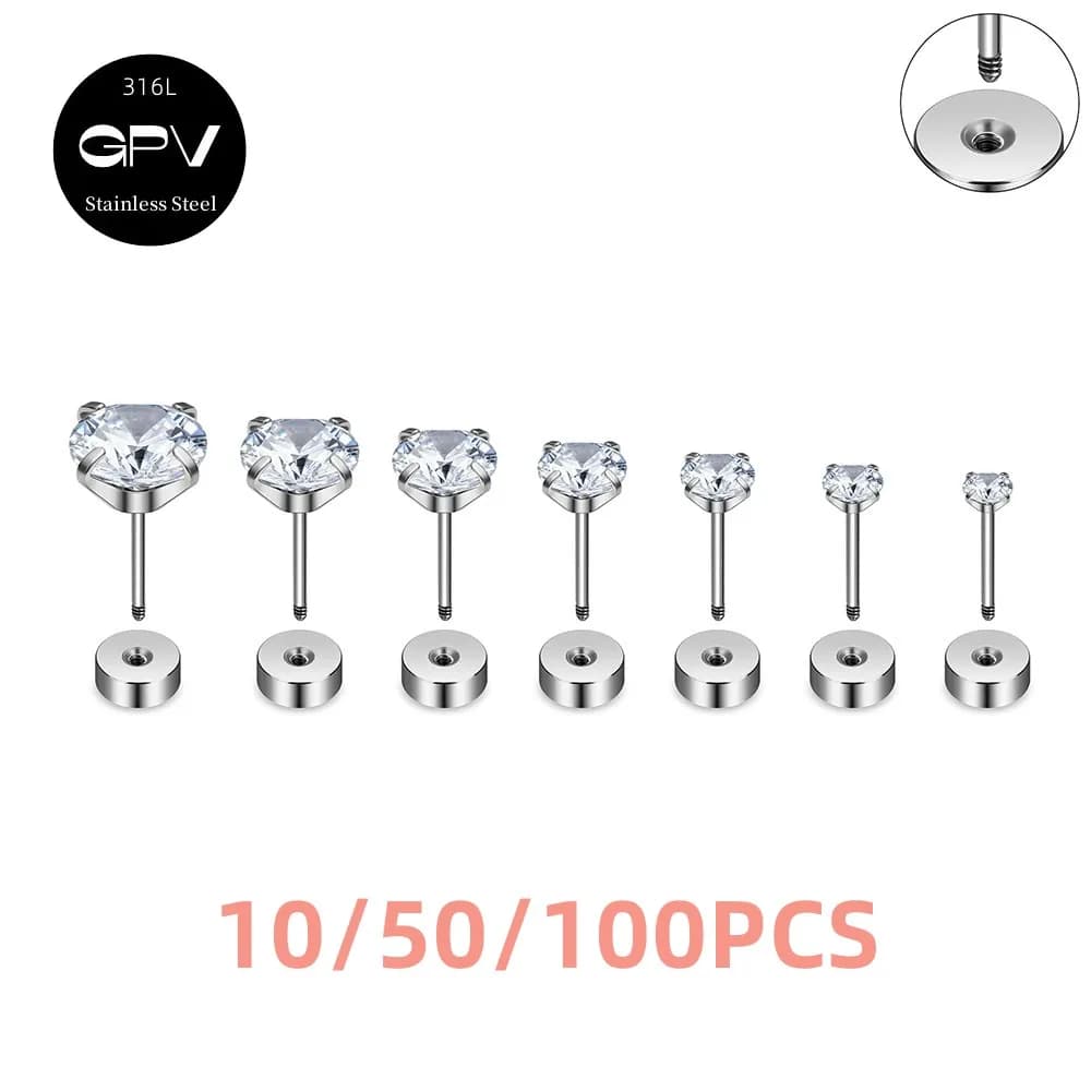 10/50/100 Pieces Piercing Kit for 316L Stainless Steel Earrings, 2-8mm, with Zirconia Cubica Round Four Griffes, for Female Cartilages