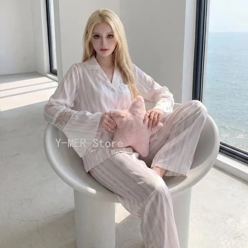 Hollow Butterfly Stripe Flare Sleeve Long Sleeve Long Pants Homewear Sleepwear Women 2026 French Style Ice Silk Pajama Set