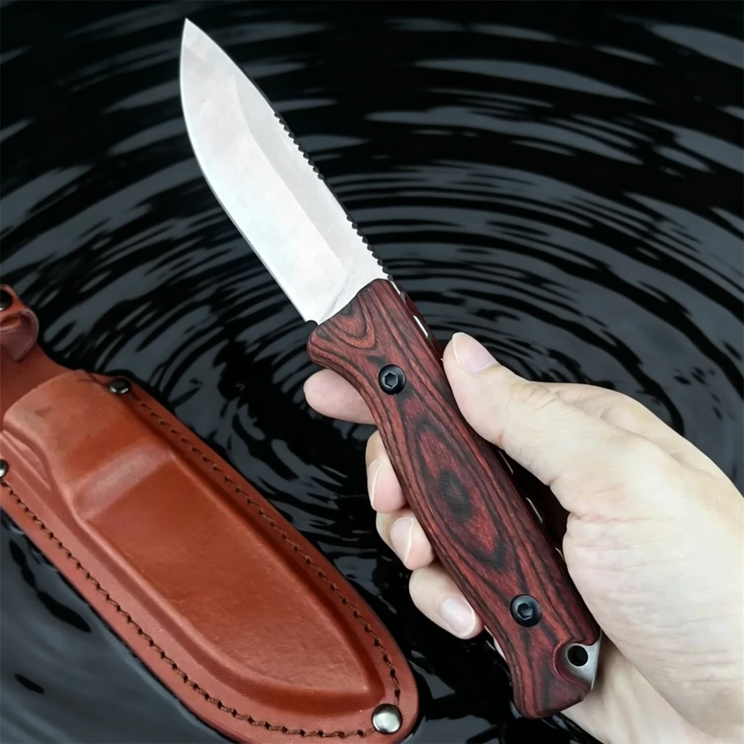 Fixed blade knife 15002-2 – 9Cr13Mov steel, Stabilized wood handle – portable EDC for camping, hiking and everyday adventures