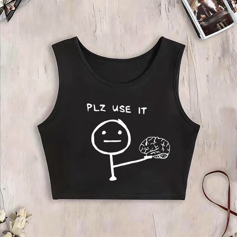 Divertente Canotta Senza Maniche da Donna con Stampa 'PLZ USE IT' e Design a Cartone Animato con Cervello, Top Corto Alla Moda, Maglietta Casual