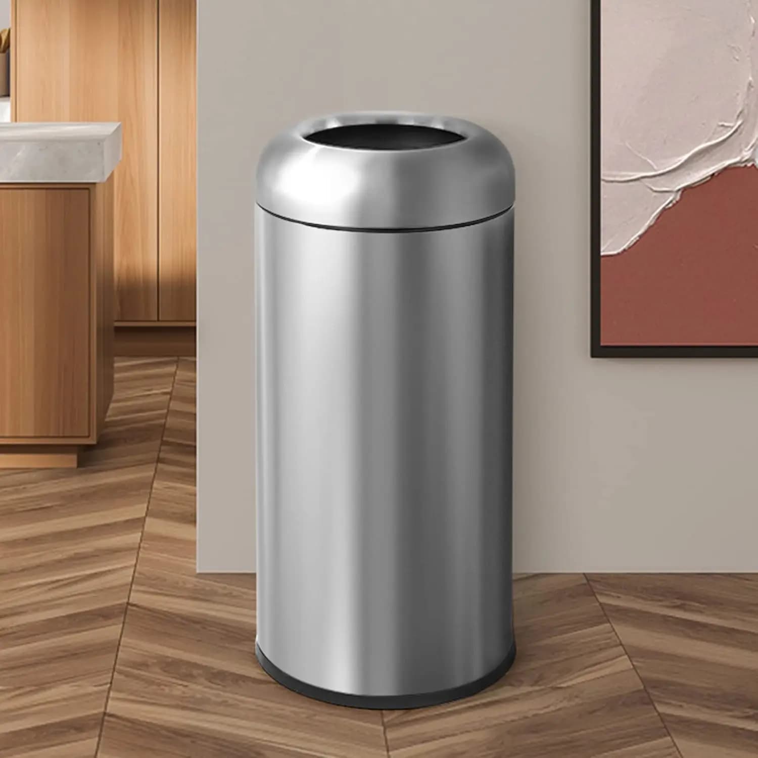 Metallic 16.5‑Gallon Open‑Top Stainless‑Steel Trash Can with Lid, Heavy‑Duty Waste Storage Bin for Kitchen, Restaurant, Office and Commercial Workspace