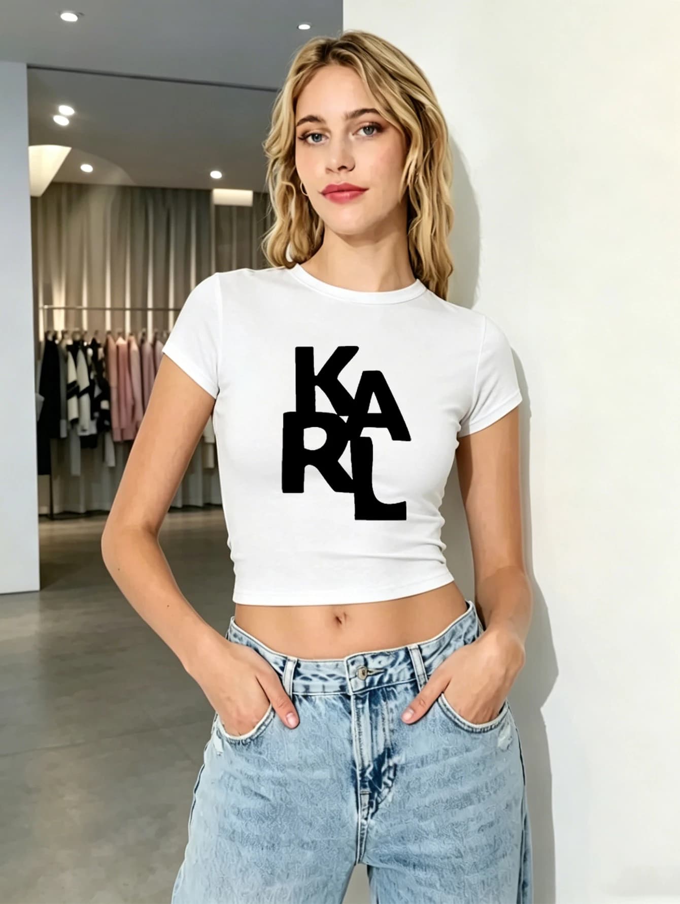 KARL Letter Print Summer Women's Short Sleeve Crew Neck T-shirt, Magenta/White/Black, Gift for Girlfriend/Wife