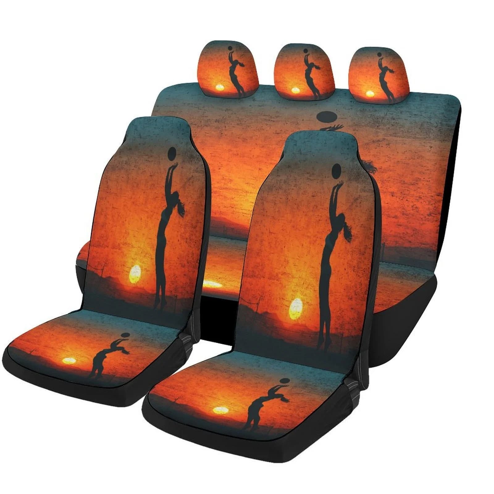 Car Seat Cover Set Featuring A Volleyball Sunset Design, Suitable For A Variety Of Vehicles. This Full Set Includes High-Quality
