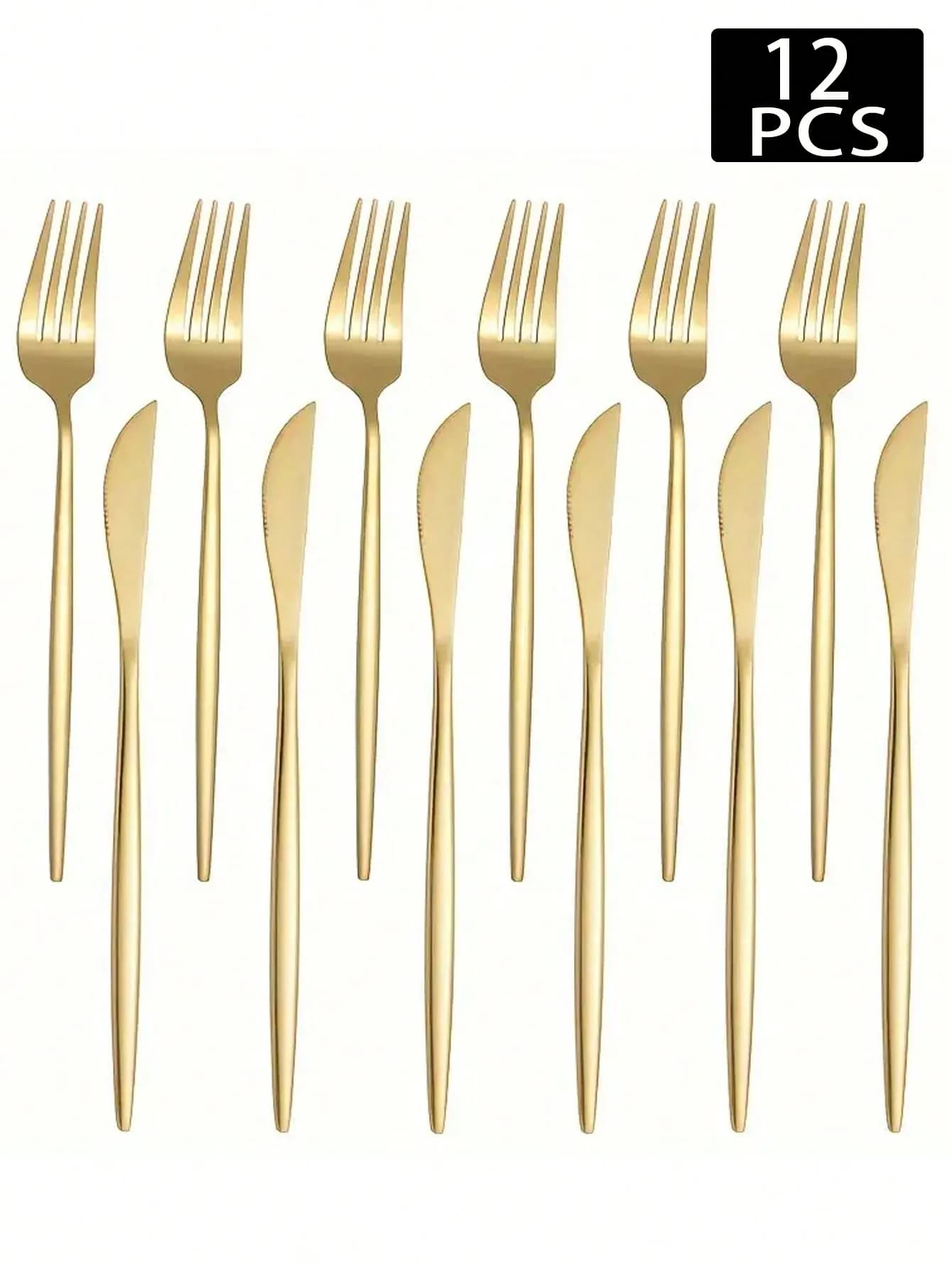 6/12/24pcs Stainless Steel Steak Knife And Fork Cutlery Set, Steak Knife, Pasta Fork, Dessert Knife And Fork, Suitable For Home Kitchen, Restaurant, Party, Wedding, Buffet