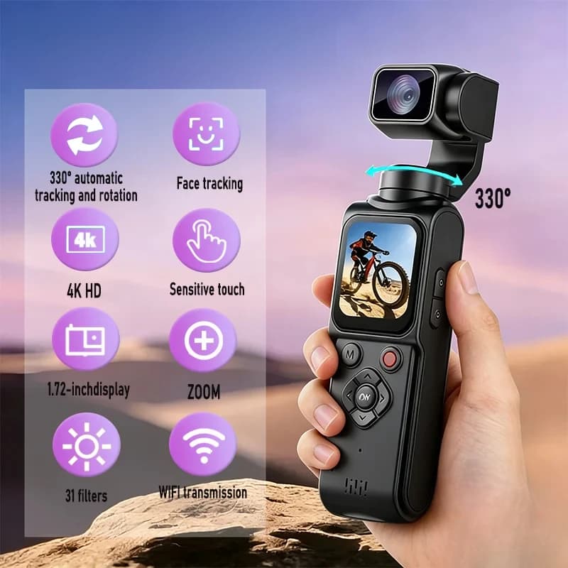 4K Action Camera 180° Auto-rotate Len Pocket Camera 1.9" Touchscreen Zoom Sport Cam Portable Vlog Video Recorder Cycling