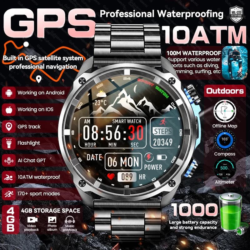 Nuovi Uomini Militari Precisione GPS Astuto Della Vigilanza Alltimetro 10ATM Impermeabile 1000mAh Batteria Chiamata Bluetooth 4GB di Memoria Smartwatch Per Adulti
