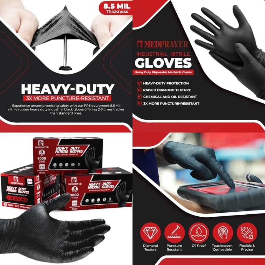 Guanti Industriali in Nitrile Resistenti, Senza Polvere, Monouso, con Texture a Diamante
