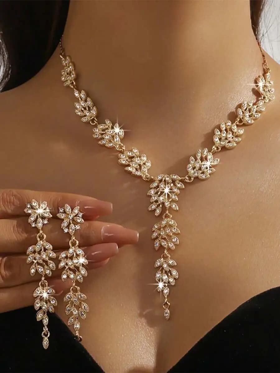 2pcs Luxury Crystal Tassel Bridal Necklace & Earrings Set, Sexy Alloy Jewelry With Sparkling Rhinestones, Suitable For Party, Ho