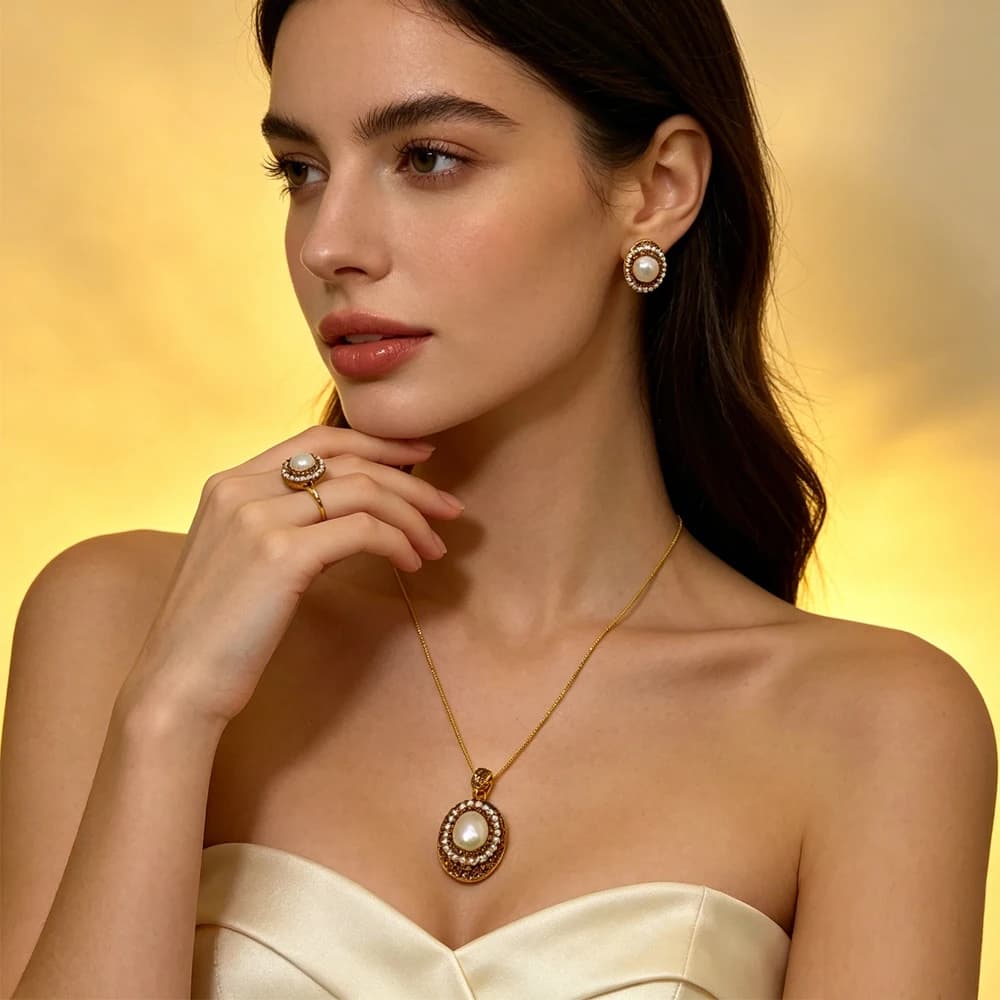 Cz Crystal Beaded Baroque Pearls Exquisite Necklace Earrings Ring for Women Trendy Jewelry Set Pendant Neck Chain Collar Choker