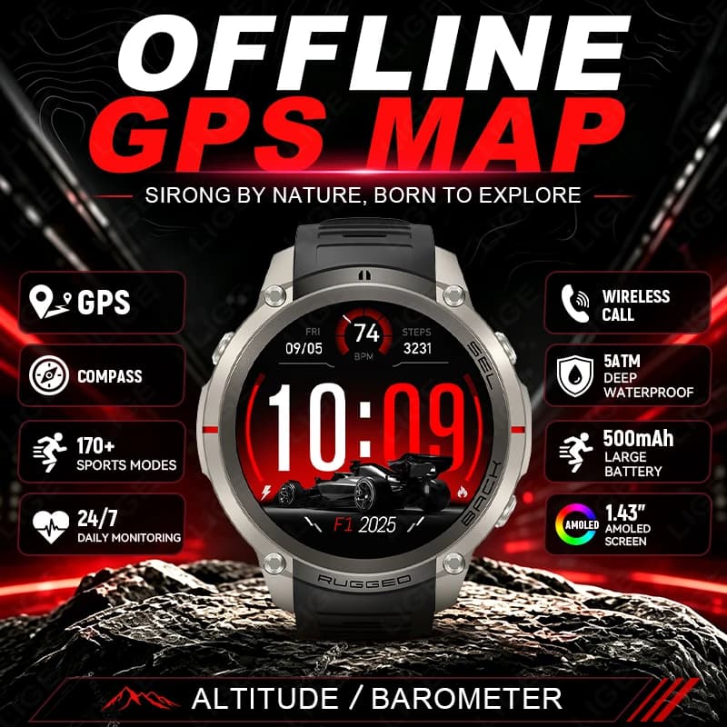 LIGE New Outdoor GPS Smart Watch Offline Map Download Compass Tracking 5ATM Waterproof Tactics Sport Smart Bracelet For Men Gift
