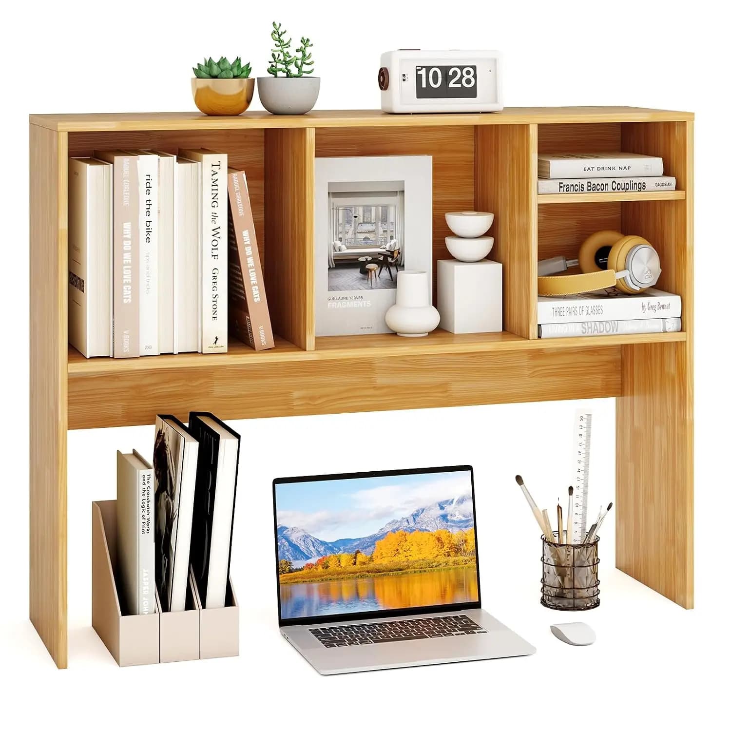 4-Cube Desktop Bookshelf, 37" Wood Monitor Stand, Countertop Display Hutch Storage Organizer for Home Office & Dorm, Customized