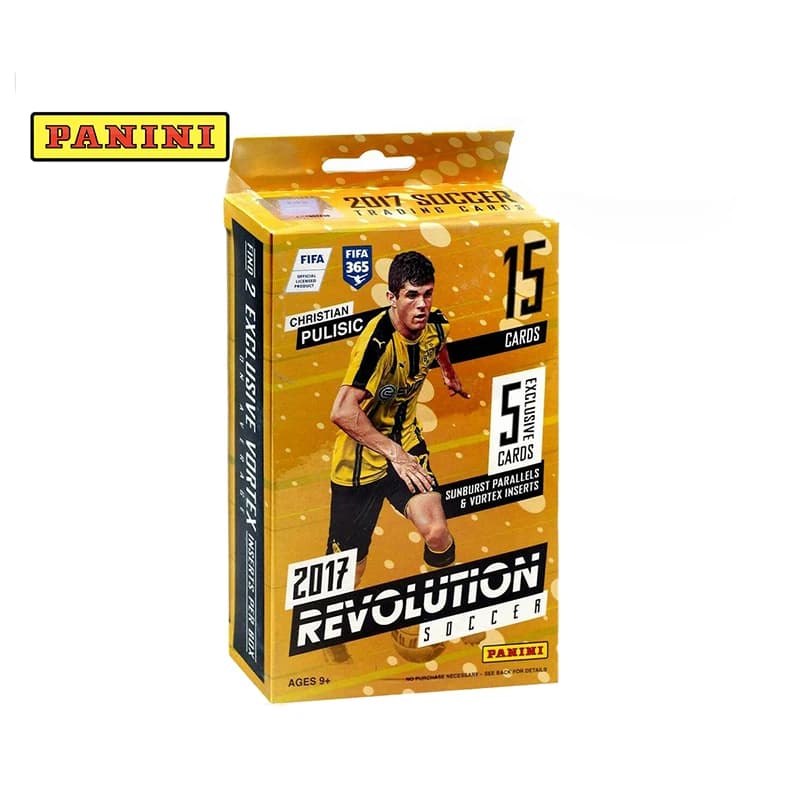 Scatola sigillata di carte collezionabili Panini 2017 Revolution Soccer, include la rara carta rookie Prizm di Christian Pulisic, oggetto da collezione di calcio.
