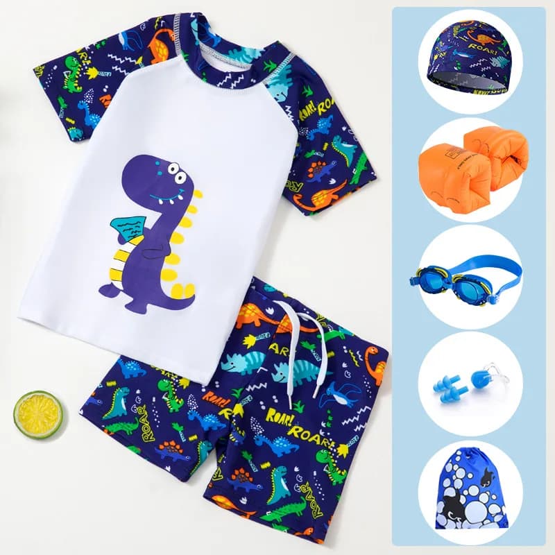 Children's Swimwear: Cartoon-Printed Two-Piece Student Swim Set with Swim Cap, Goggles, and Earplugs