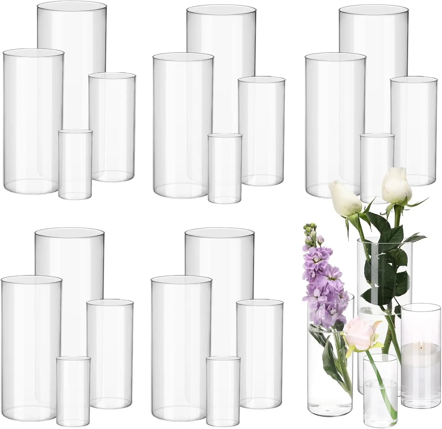 Set of 24 Transparent Glass Cylinder Vases, Height 4-10 Inches, for Centerpiece, Floating Candles, Wedding Decorations and Home