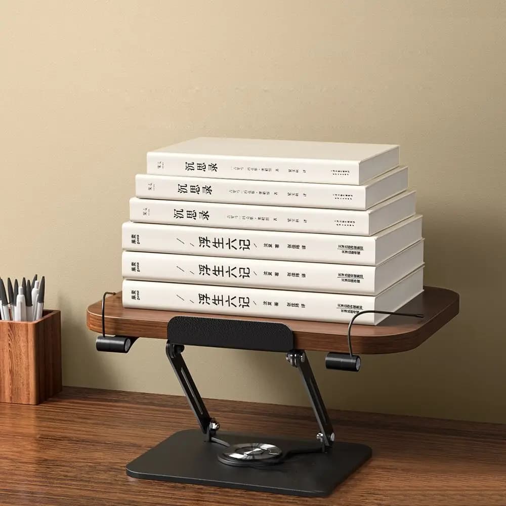 Supporto per lettura in legno massello pieghevole a 360° ° Supporto per Libri con Base Girevole Regolabile con Clip Elastici per Pagine, Supporto per Laptop per Lettori