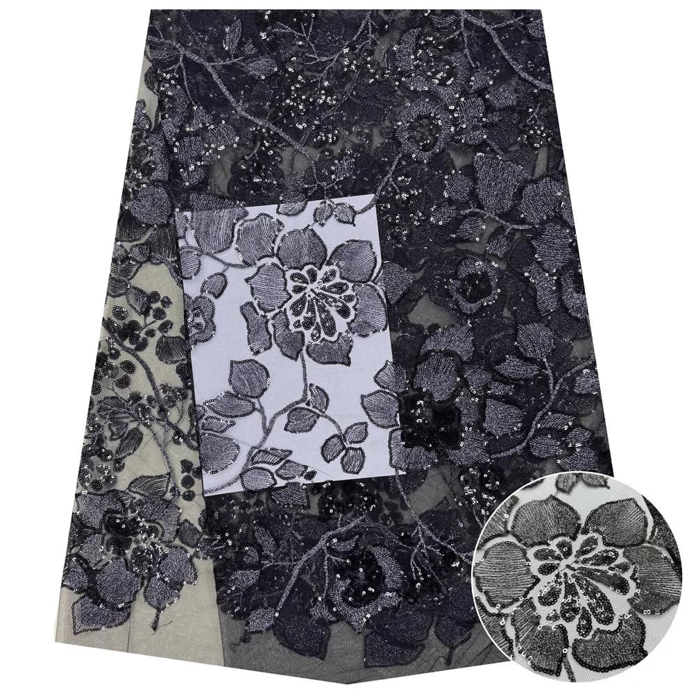 150cm Wide Black Peony Embroidered Mesh Lace Fabric with Composite Thread & Sequins for DIY Wedding Dresses F067