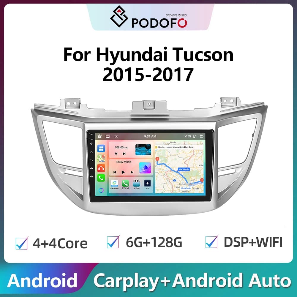 Podofo Autoradio Android per Hyundai IX35 Tucson 3 2015-2018 6G + 128G Carplay lettore Stereo Autoradio WIFI navigazione GPS FM/RDS