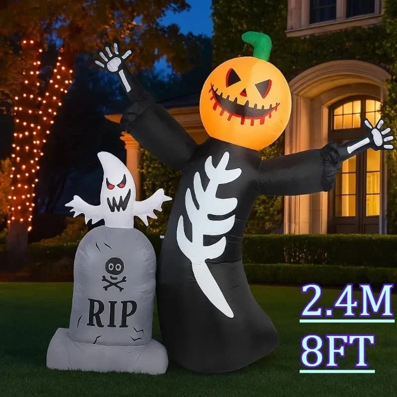8FT Inflatable Halloween Decor Pumpkin headed Skeleton with Ghost Built in LED Lights Ideal for Garden Hall and Yard Decorations