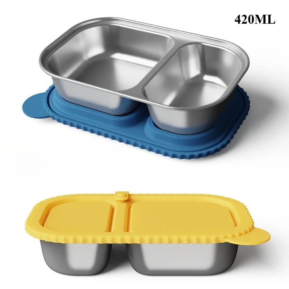 Scatola per il pranzo per bambini in acciaio inossidabile da 420 ml Scatola per snack in silicone con coperchio Contenitori per alimenti a prova di perdite facili da aprire