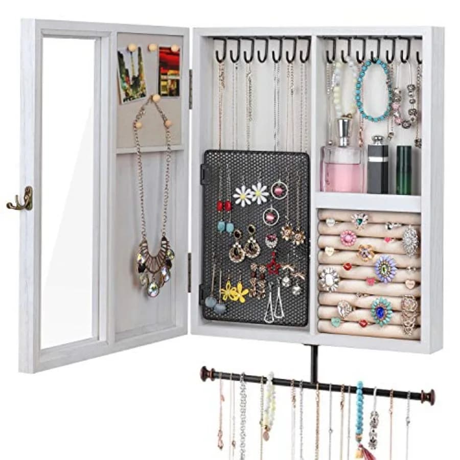 Organizzatore di Gioielli da Parete in Legno Rustico, Ampio Armadietto Porta Gioielli, Scatola Portaoggetti per Collane, Orecchini e Bracciali