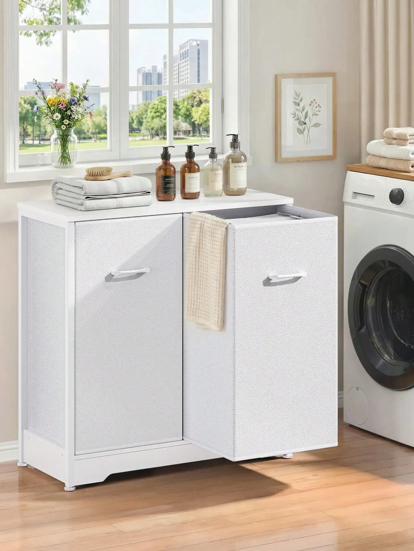 Pull-Out Laundry Sorter Cabinet With Removable Bags, Laundry Basket, 140L (2x70L) Laundry Hamper With Sturdy Frame & No-Sag Bags For Organized Bedroom, Laundry Room, White
