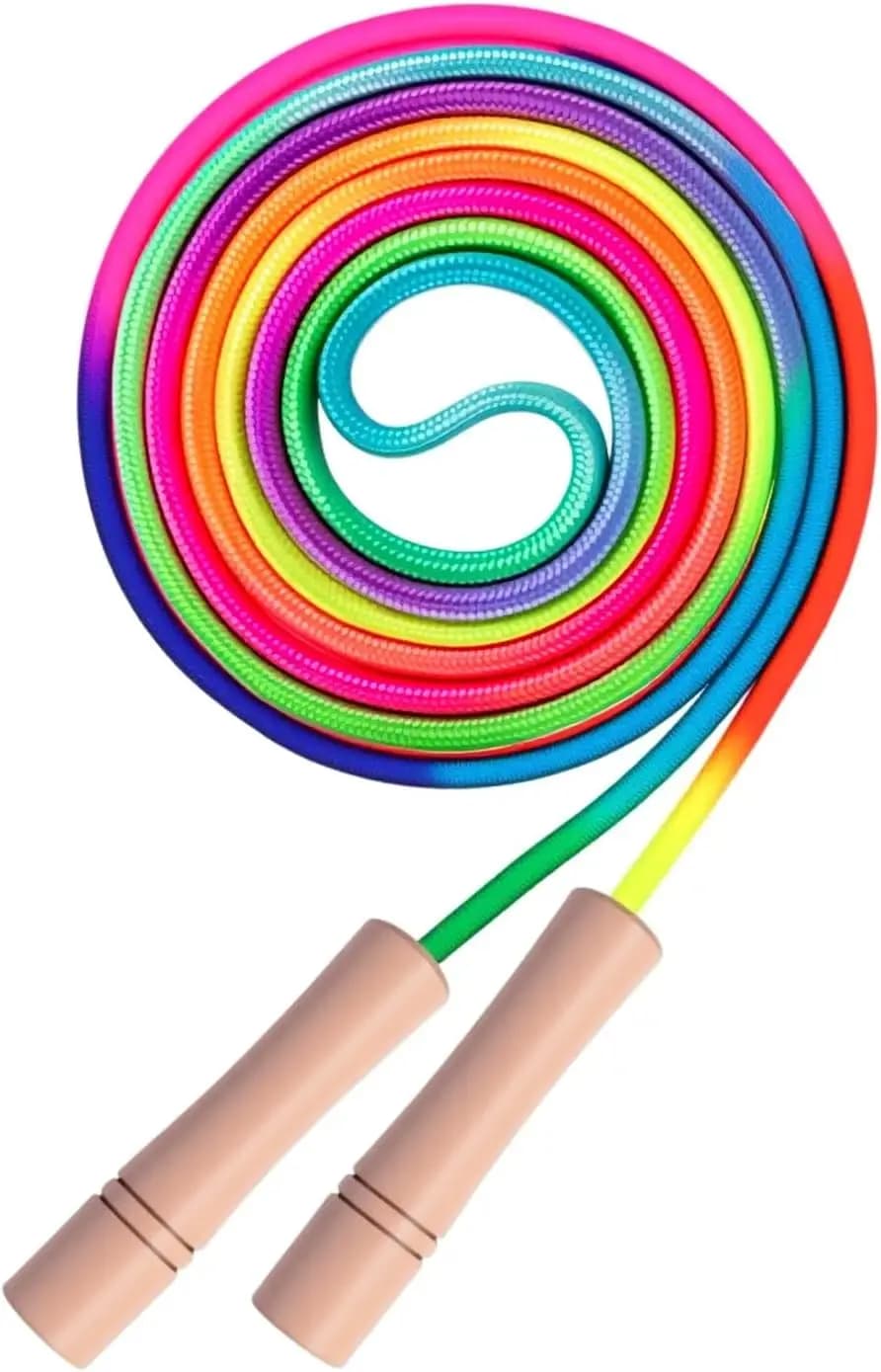 Corda per Saltare Arcobaleno Regolabile da 8,5 Piedi per Bambini, Corda per Fitness con Manico in Legno e Cavo in Nylon Intrecciato per Ragazze e Ragazzi, Esercizio all'Aperto, PE