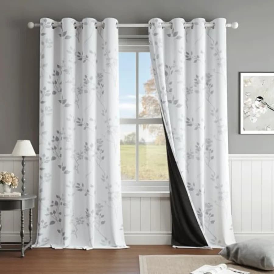 Dark Curtains 100% Floral, Lunghe 84 Pollici, 2 Bedroom and Living Panels, White Grey with Floral Pattern, Dark and Thermal