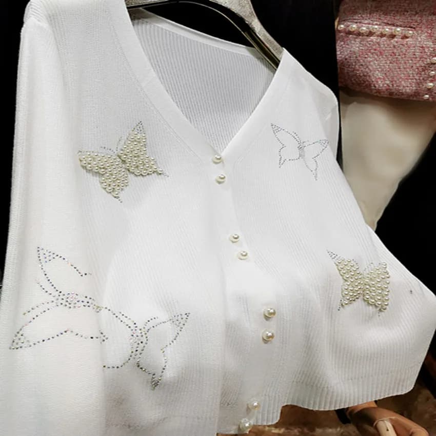 cardigan da donna con scollo a V e protezione solare con strass lucidi e aria condizionata