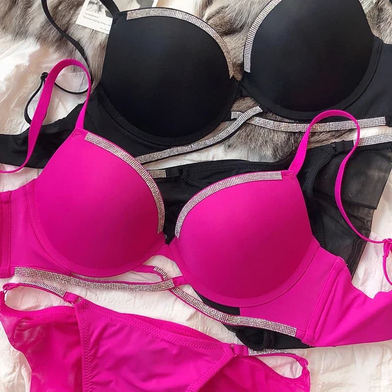 Set di biancheria intima sexy da 2 pezzi per donna Reggiseno classico con croce cava Set di reggiseno push up con strass scintillanti