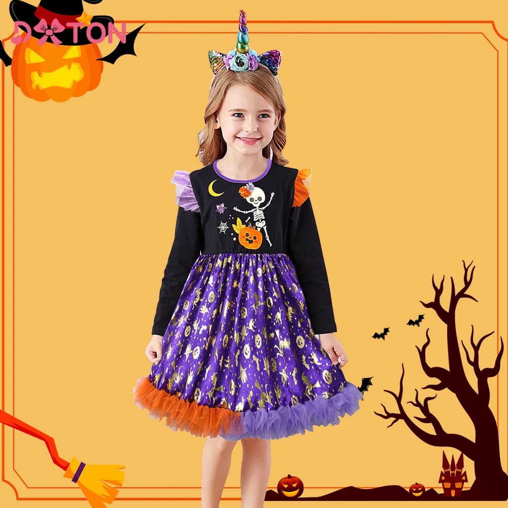 DXTON Vestito da festa per ragazze Zucca Teschio Bambini Halloween Costumi da festa Cosplay Patchwork Abiti eleganti da principessa per bambini