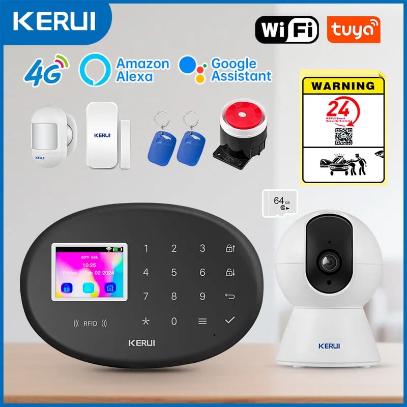 KERUI Tuya Alarm Center W204 4G WIFI Sistema di allarme domestico Vita intelligente Alexa Protezione di sicurezza Rilevatori di movimento PIR Sensori per porte