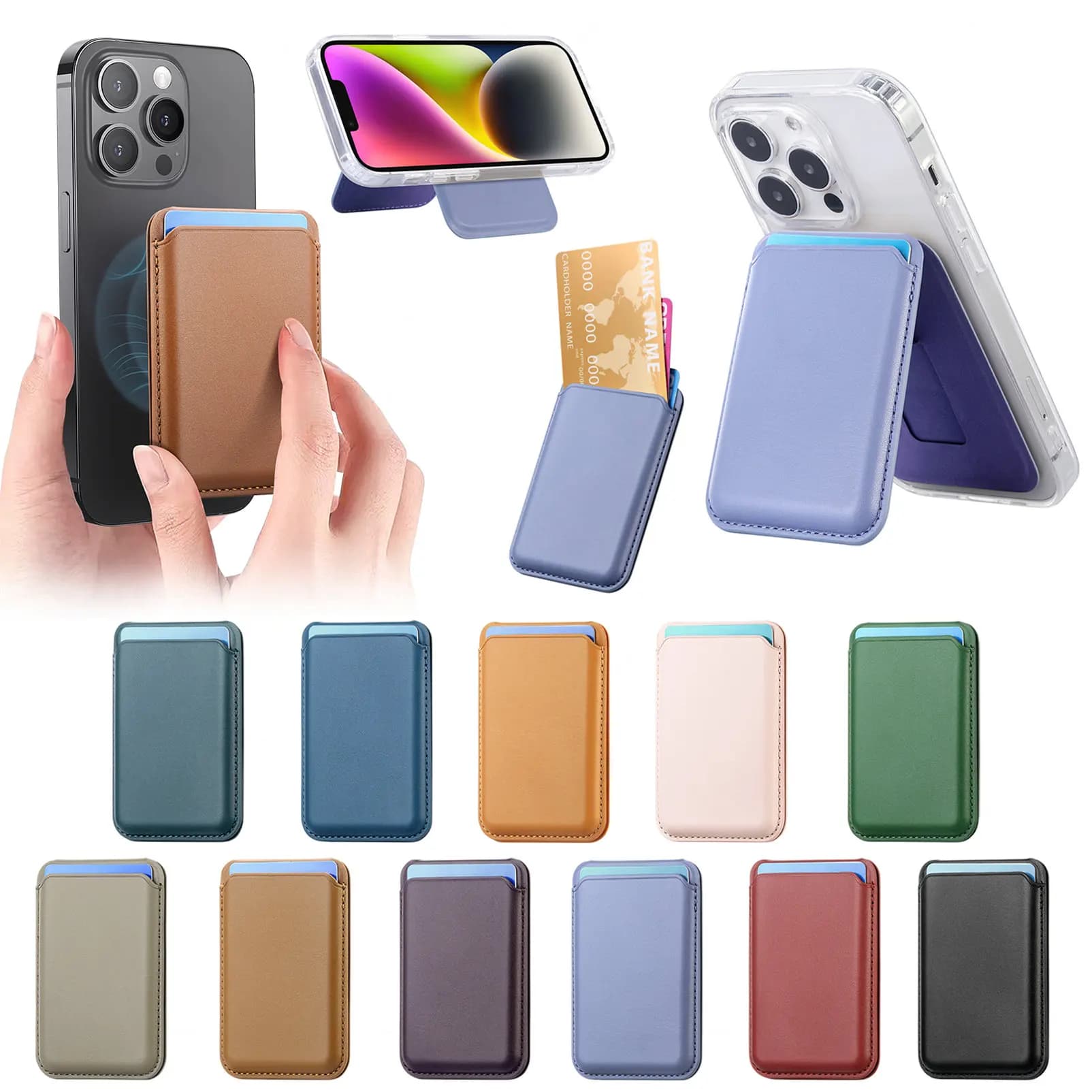 Porta carte di telefono adatto per custodia per telefono con anello in ferro adesivo con nastro magnetico Magsafe Borsa a portafoglio universale in pelle PU