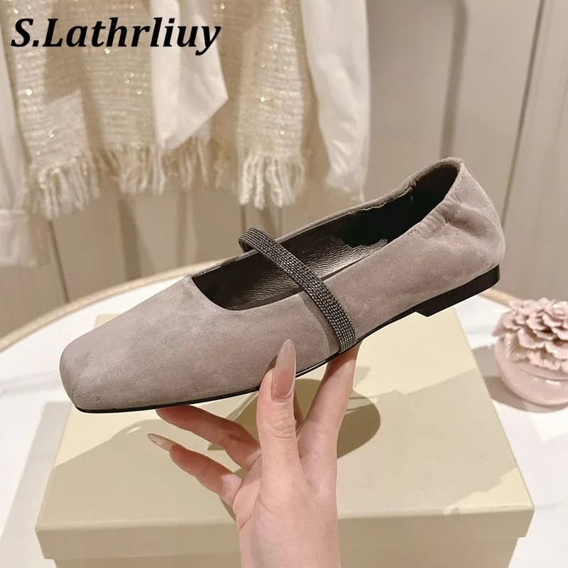 Loafers Cowhide Square Women's Retro Metal Bead Design Flat Shoes Holiday Spring Walking Shoes Shallow Mouth Walking Shoes