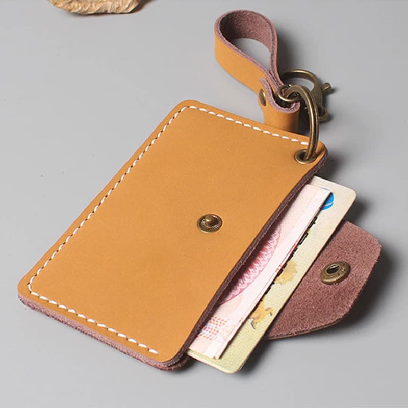 Portacarte in Vera Pelle di Vacchetta - Portafoglio Sottile con Blocco RFID per Uomo e Donna, Porta Carte di Credito Multitasca con Portachiavi