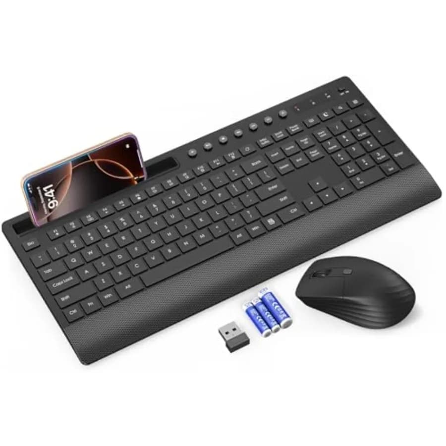 KM31 Wireless Keyboard and Mouse Combo - Full-Size Quiet Typing with Palm Rest, Phone Holder, Multimedia Keys, Power Switch, Ba