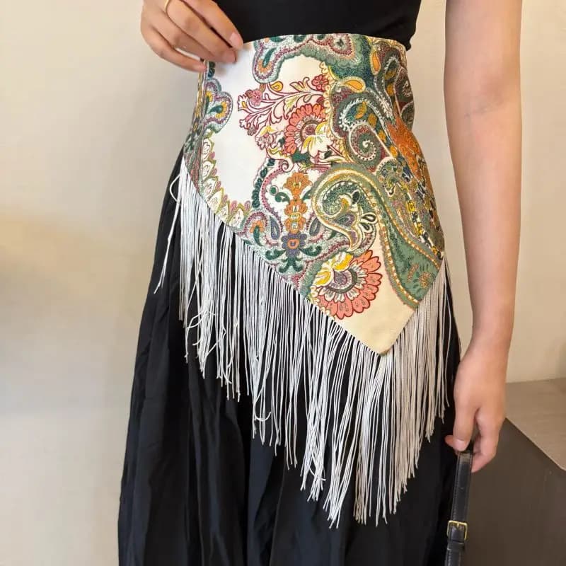 Retro Ethnic Bohemian Cinched Waist Belt Hip Scarf Triangular Tassel Embroidered Fringe Wide Jazz Dance Fashion Belt