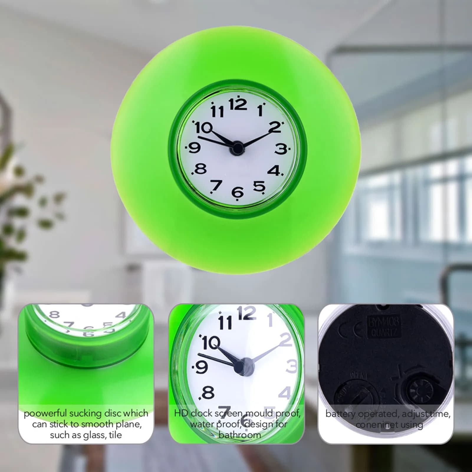 Bathroom Kitchen Mirror Suction Wall Clock Shower Waterproof Quartz Clocks Decoration