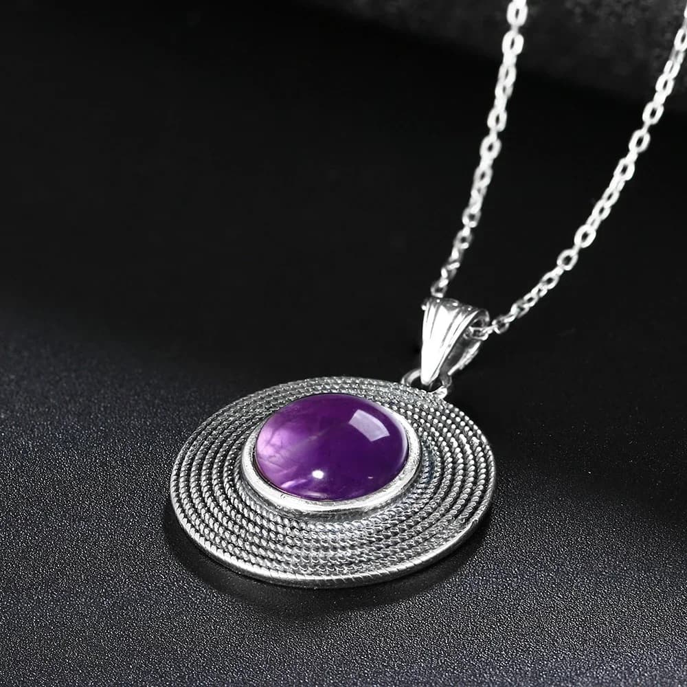 Silver 10MM Round Amethyst Pendant Necklace Ladies Handmade Natural Gemstone Charm Necklace for Women Gift