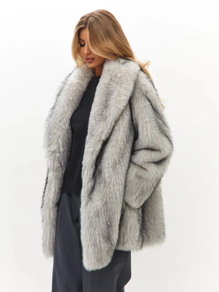 Women Winter Faux Fur Coat Silver Grey Gradient Belted Fluffy Old Money Elegant 2026 New Luxury Warm Long Outerwear