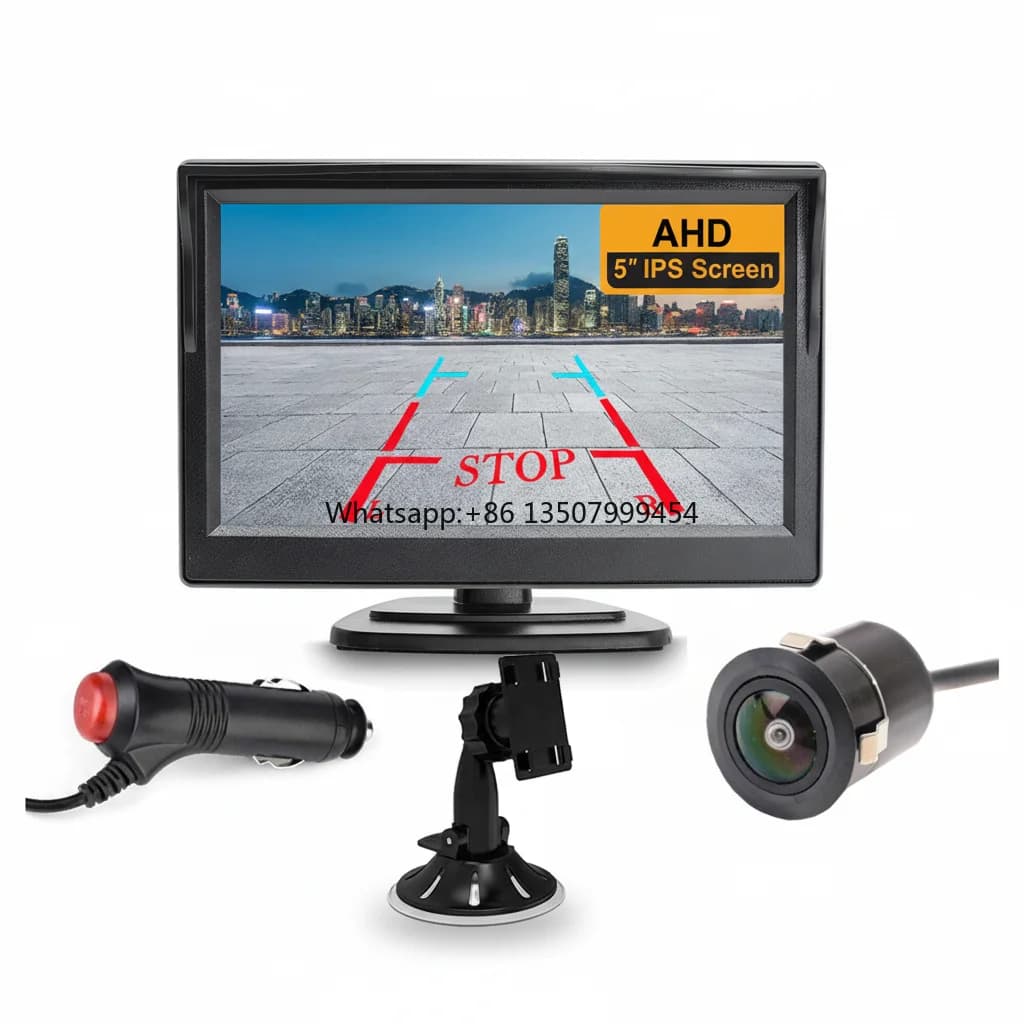 Monitor per Auto con Schermo AHD da 5 Pollici, Telecamera Posteriore con Lente Fisheye 1080P, Visione Notturna, Impermeabile, Caricatore per Auto Plug and Play