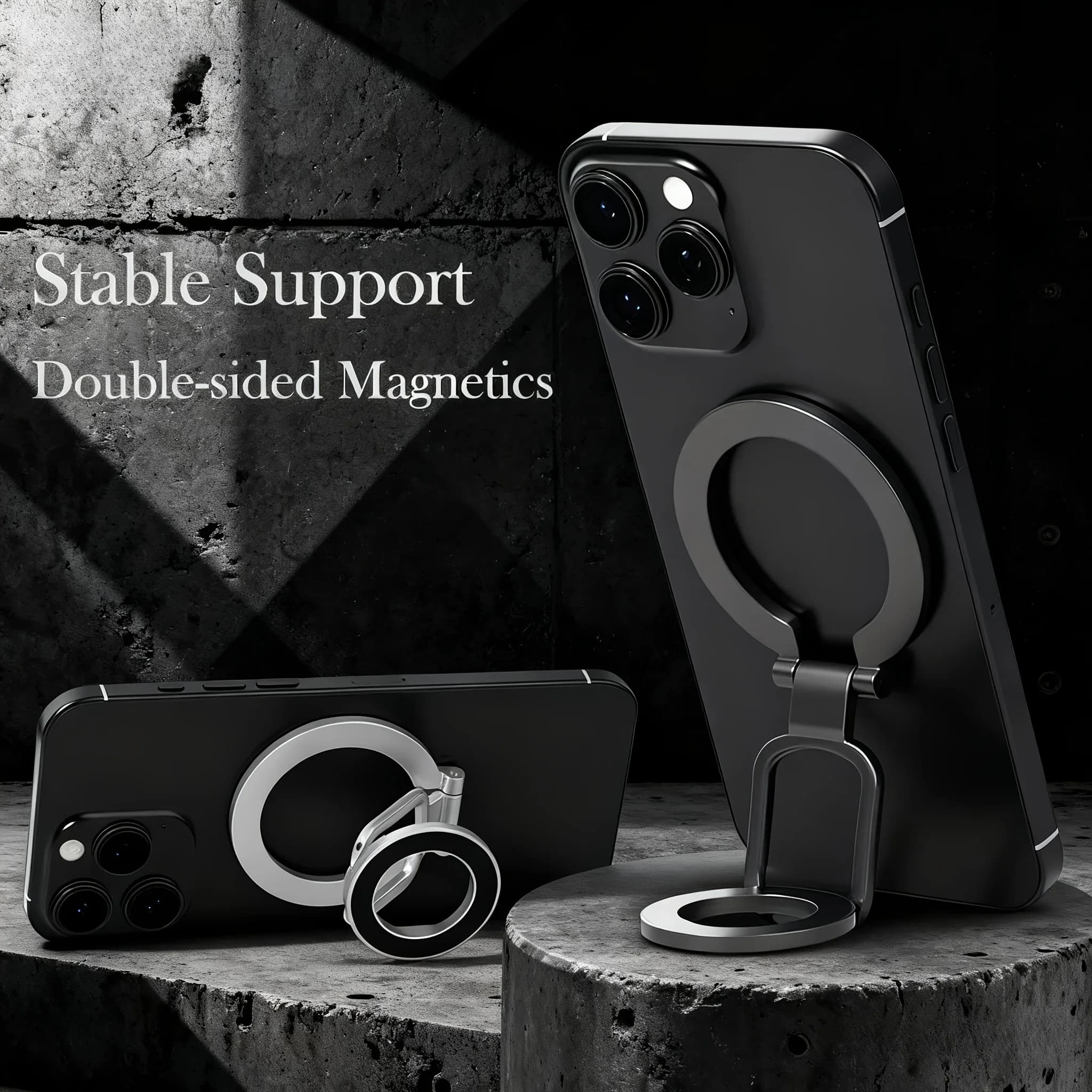 Supporto per telefono bifacciale, anello magnetico, impugnatura magnetica a supporto, rotazione a 360 gradi, supporto ad anello magnetico.