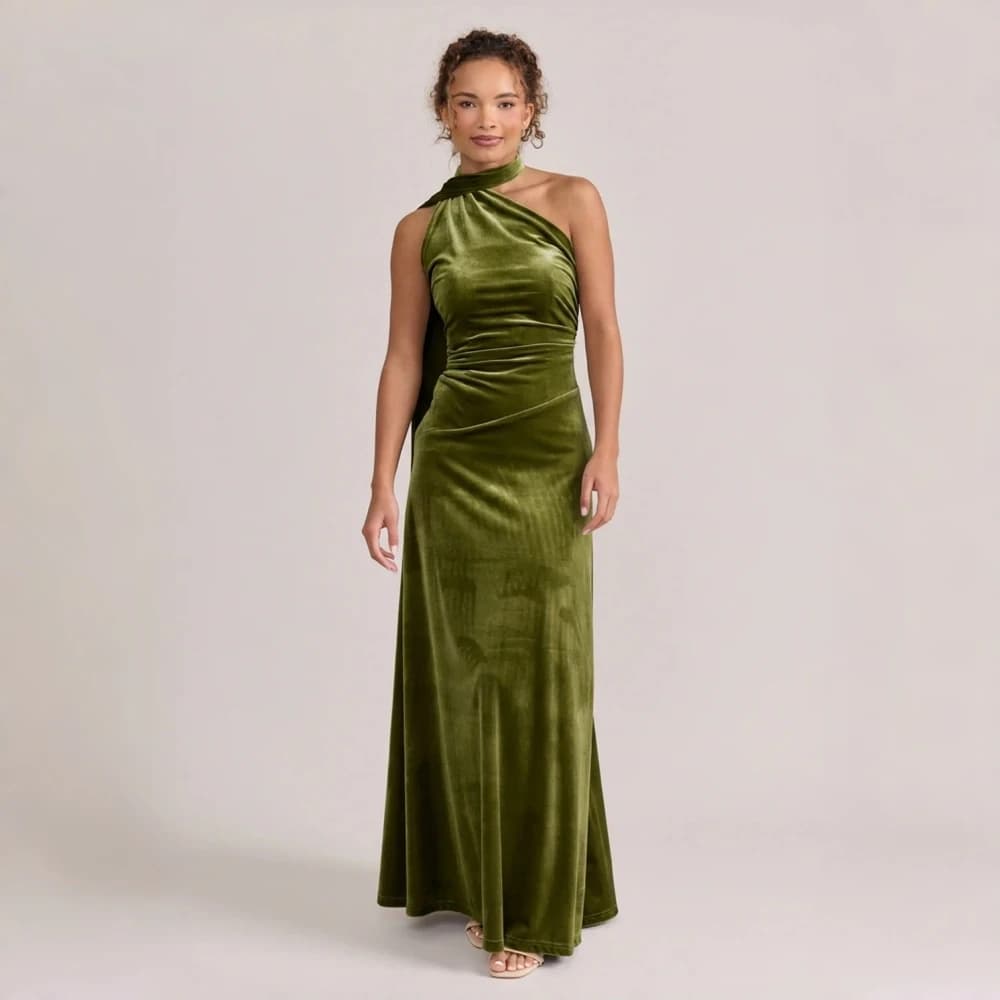 Abito lungo in velluto verde oliva con scollo all'americana e schiena scoperta, con sciarpa, per donna, ideale per serate formali, invitata a matrimoni, damigella d'onore o feste