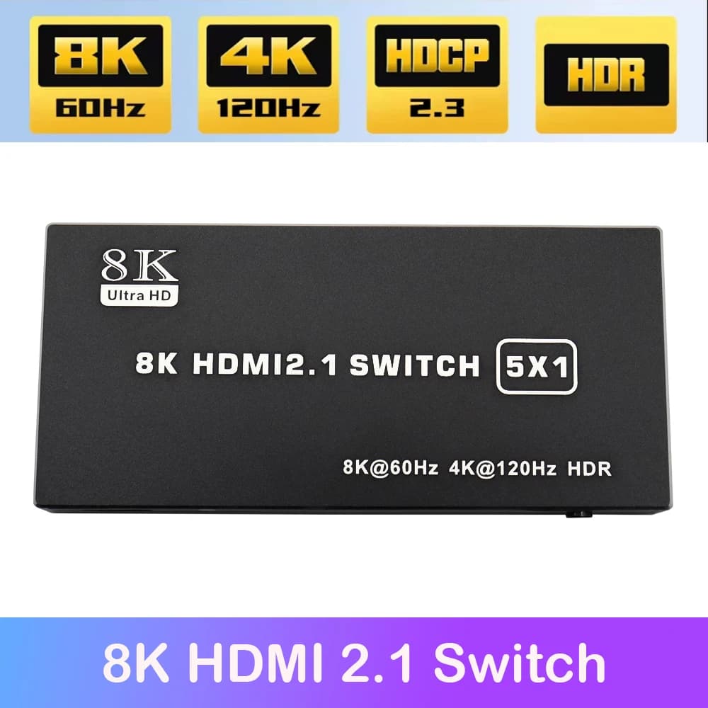 Switch Splitter 8K HDMI 2.1 5 in 1 out 120Hz HDMI splitter switcher 4K 120Hz to 5 ports CEC 48gbps HDMI 2.1 Switch with Remote HDR