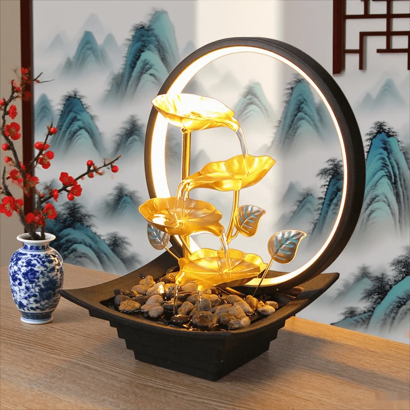 1pc USB-Powered Desktop Waterfall Fountain | Portable Zen Indoor Fountain With Natural Rocks, Relaxing And Humidifying, Ideal For Home And Office Decor, Christmas And Birthday Gifts