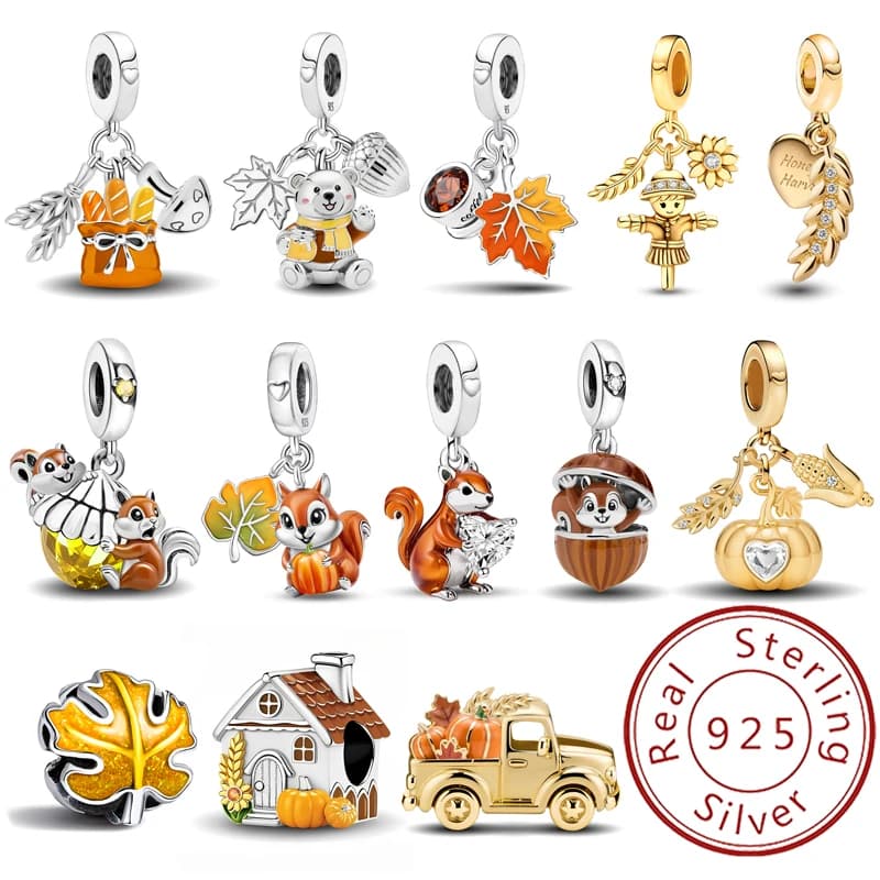 Bracciale fai da te in argento sterling 925 con zucca spaventapasseri raccolto serie autunnale dorata, adatto per braccialetti fai da te, regalo di gioielli di alta qualità