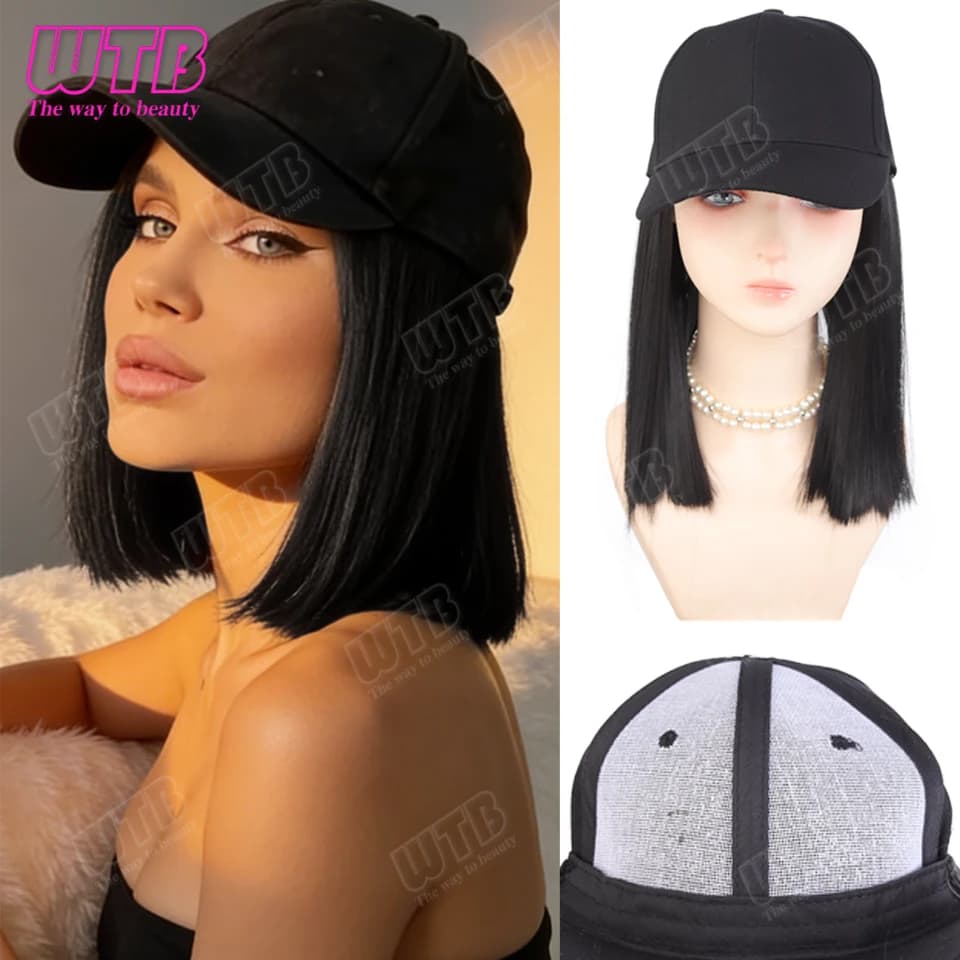 Cappello con parrucca sintetica WTB, nero, capelli corti e lisci, cappello parasole di dimensioni regolabili, adatto per l'uso quotidiano e per le vacanze delle donne